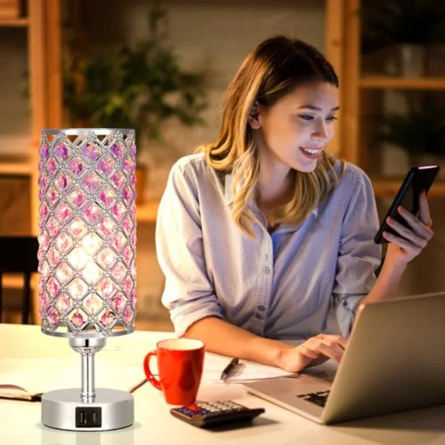 Crystal Touch Lamp with USB-C+A Ports, 3 Way Dimmable Bedside Light with Crystal Shade