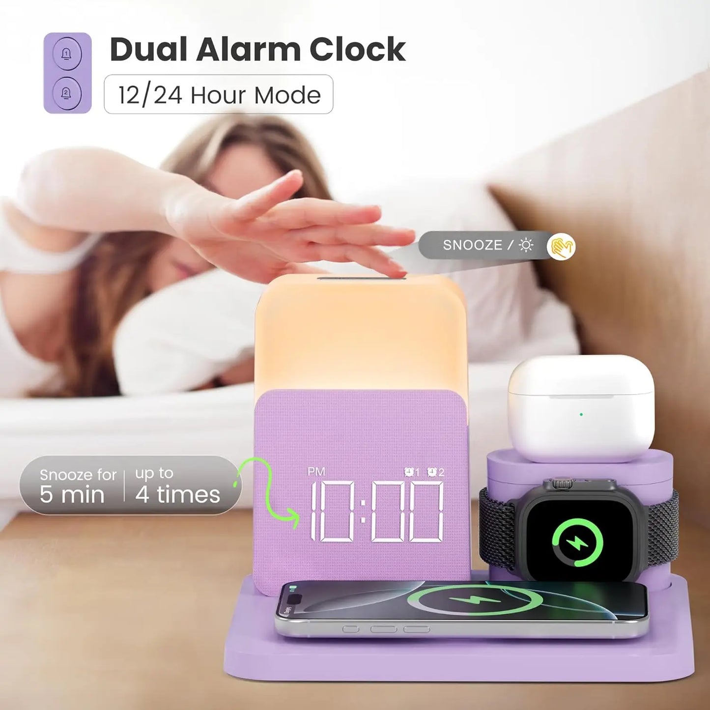 7-in-1 Wireless Charging Station with Dual Alarm Clock & Night Light for Phones and Smartwatches