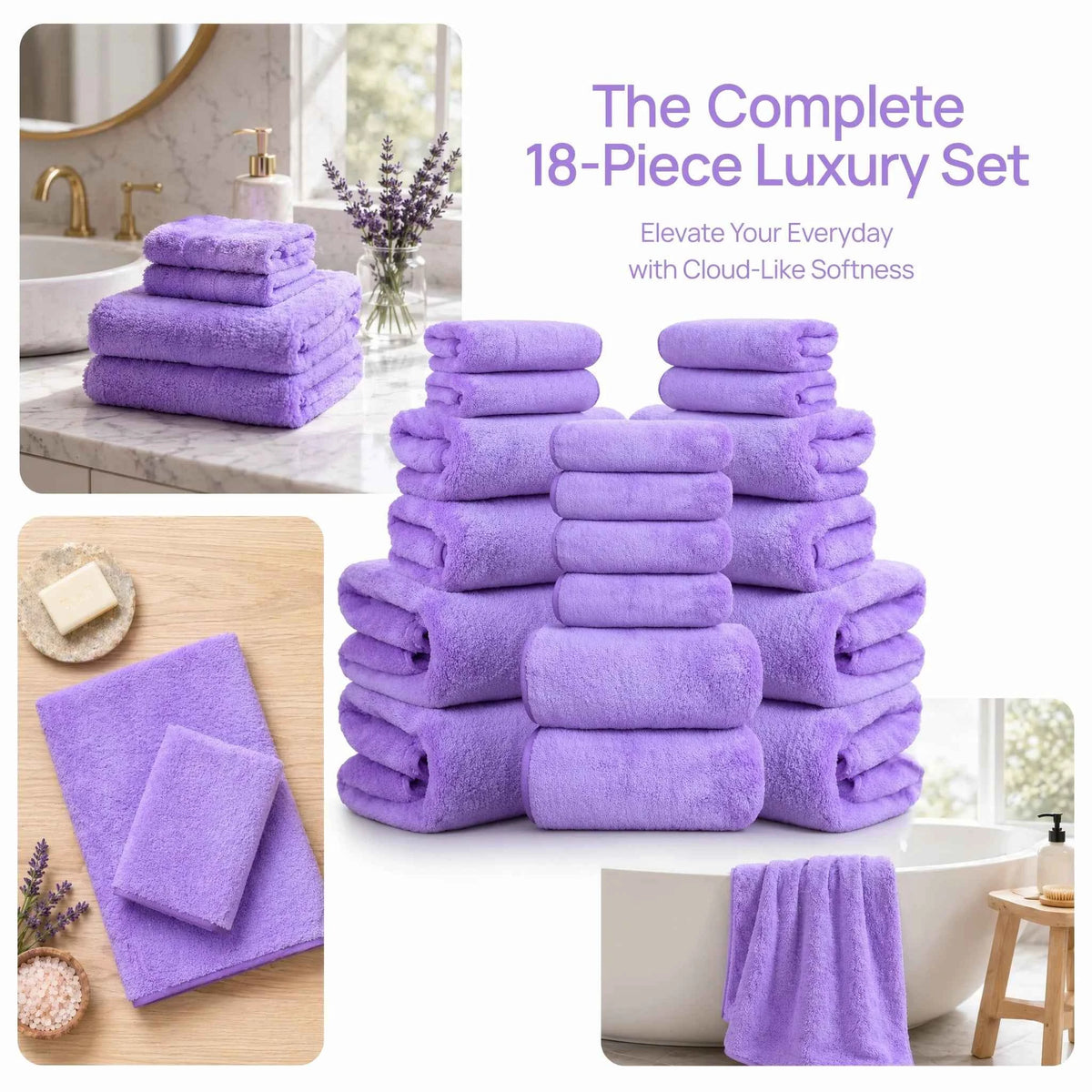 18-Piece Fleece Bath Towel Set, 4 Bath Towels 4 Hand Towels 10 Washcloths, Ultra Soft Plush Microfiber