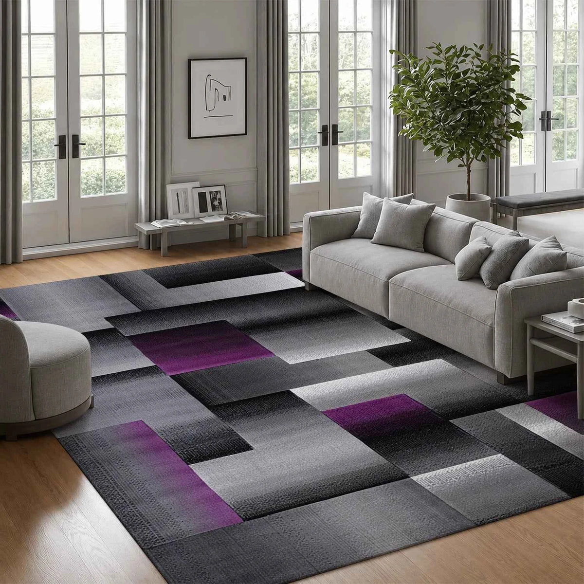 Large Indoor Area Rug, Soft Velvet Low Pile Non-Slip Dotted Backing Machine Washable, Modern Abstract Geometric Gray Purple Block Rug
