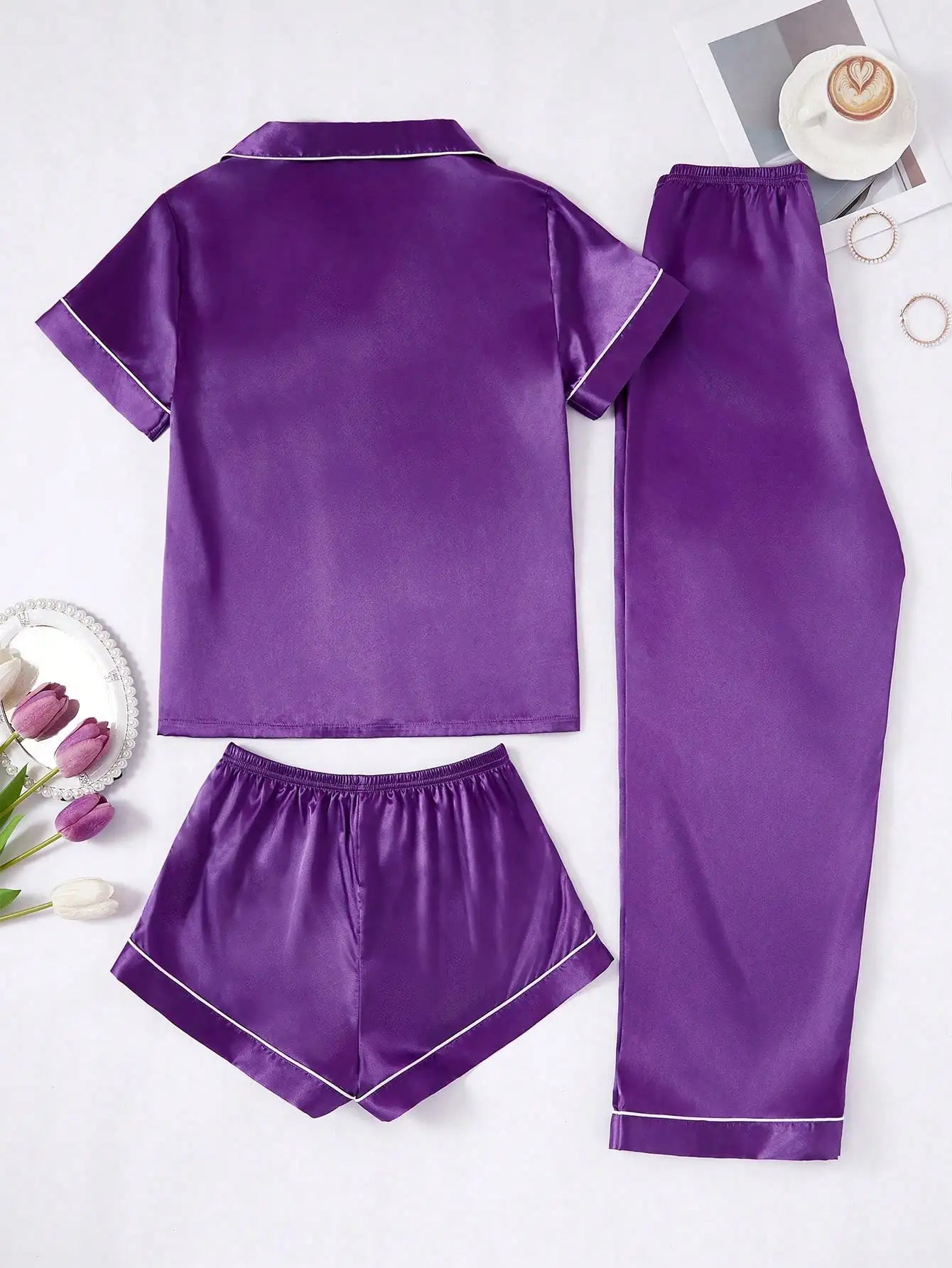 3-Piece Women's Purple Faux Silk Pajama Set with Contrast Trim