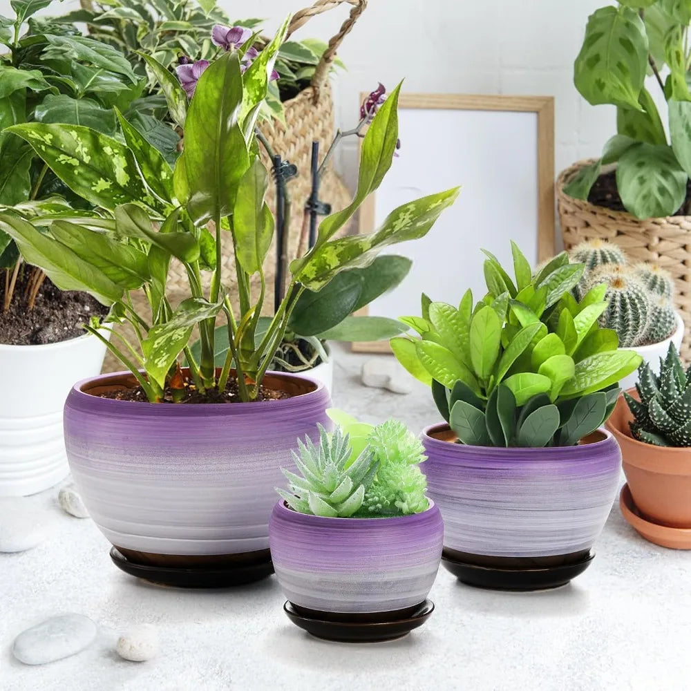 Set of 3 Ceramic Flower Pots, 7/5/4 inch, Purple Round Succulent Planter with Drainage Holes & Saucer, Indoor Outdoor