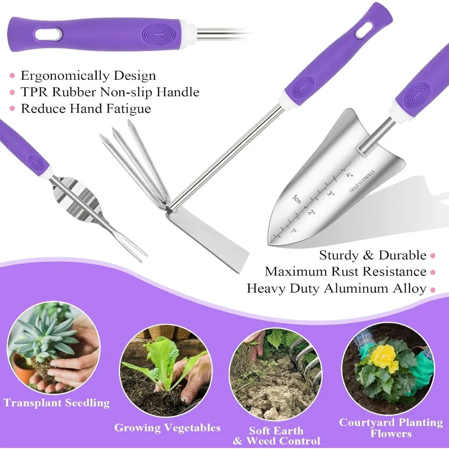 Purple Garden Tool Set, 11PCS Heavy Duty Gardening Tools with Detachable Storage Bag Includes Weeder and dual purpose hoe