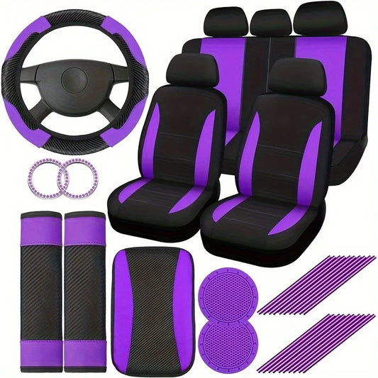 Car Interior 37-Piece Set - Polyester Seat Covers, PU Steering Wheel Cover, Shoulder Pads, Decorative Strips  etc