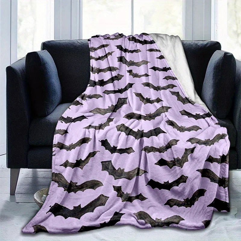 Cozy Purple & Black Bat Print Flannel Blanket