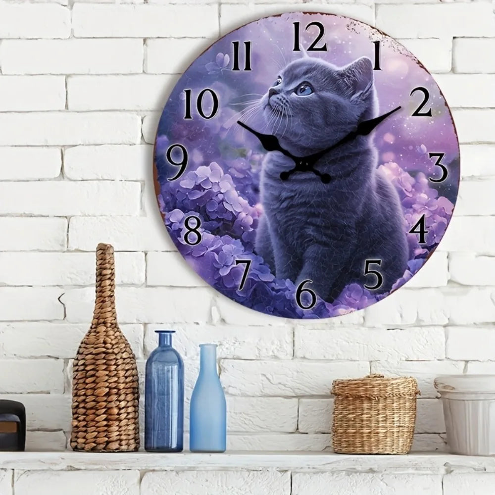 1pc Wooden Wall Clock with Purple Cat & Floral Design, silent
