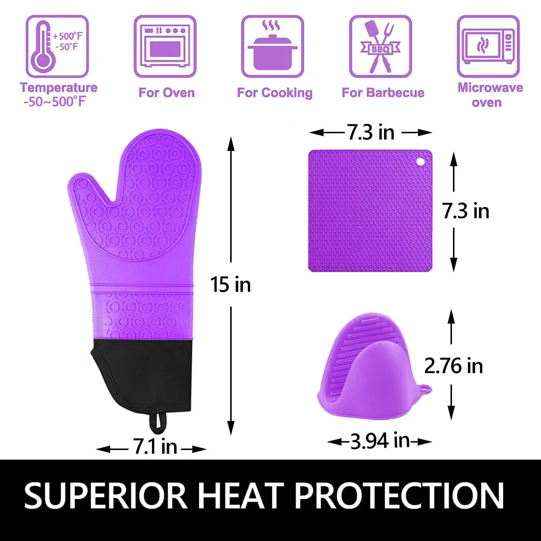 Heat Resistant Silicone Oven Mitts Set with Pads, Extra Long Gloves for Kitchen Cooking Baking, Pack of 6 Purple
