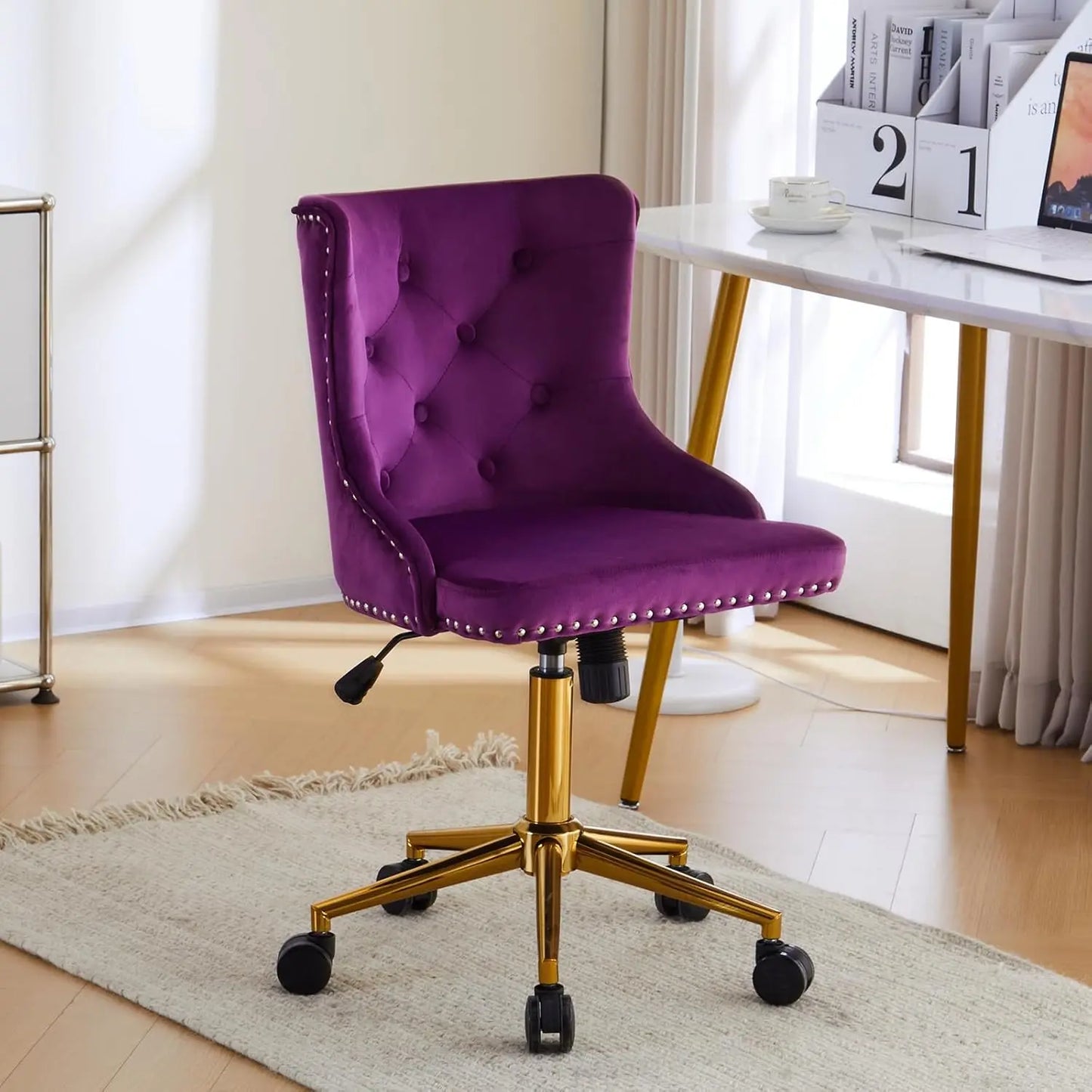 Dark Purple or Mauve Armless Home Office or Vanity Chair with Gold Base/Wheels