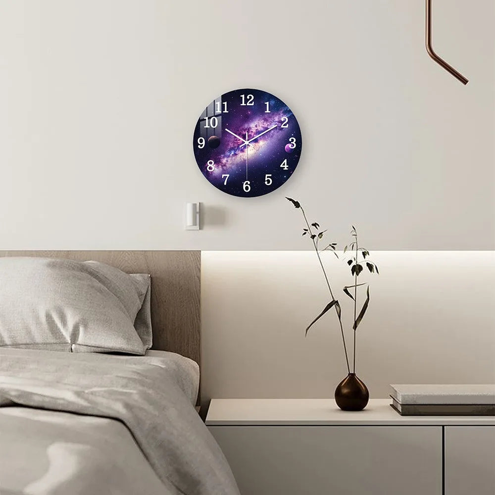 Wooden Wall Clock, Purple Galaxy with Planets