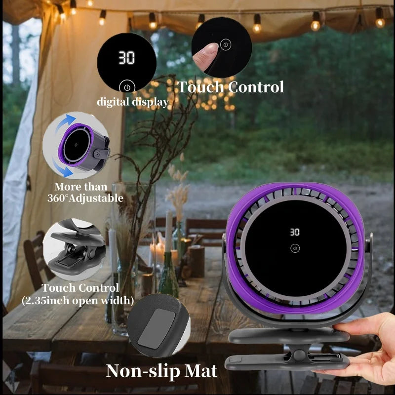 Portable Clip or Desktop Fan, Touch Screen 360° Adjustable, Rechargable battery