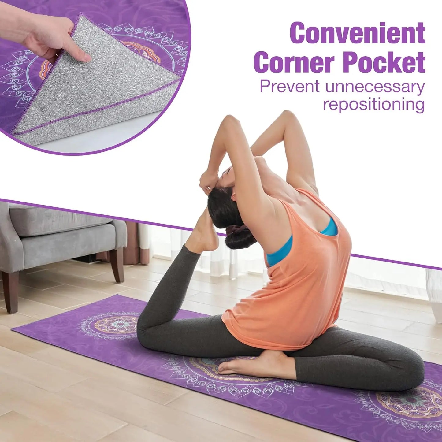 Non-Slip Yoga Mat Towel with Quick-Dry & Corner Pocket, Purple Mandala Pattern for Hot Yoga, Pilates, Gym