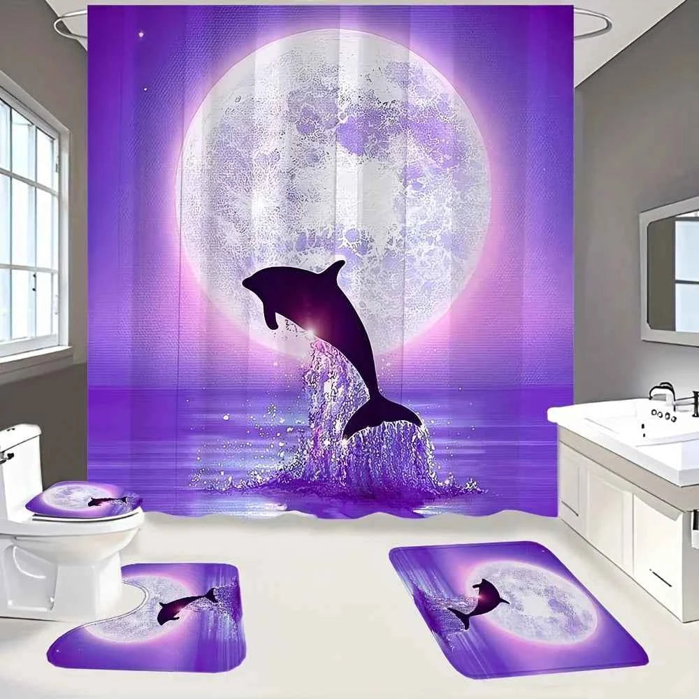 4pcs Shower Curtain with 12 Hooks, Non-slip Mat, Toilet U-shaped Pad, Toilet Lid Pad 71x71 Inches
