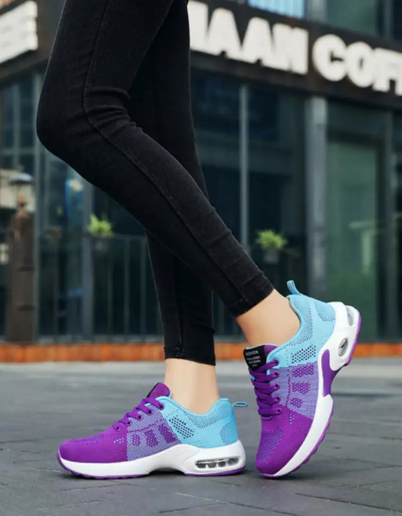 Women's Colorblock Purple Blue Air Cushion Sneakers, Breathable Mesh Lightweight Athletic Shoes