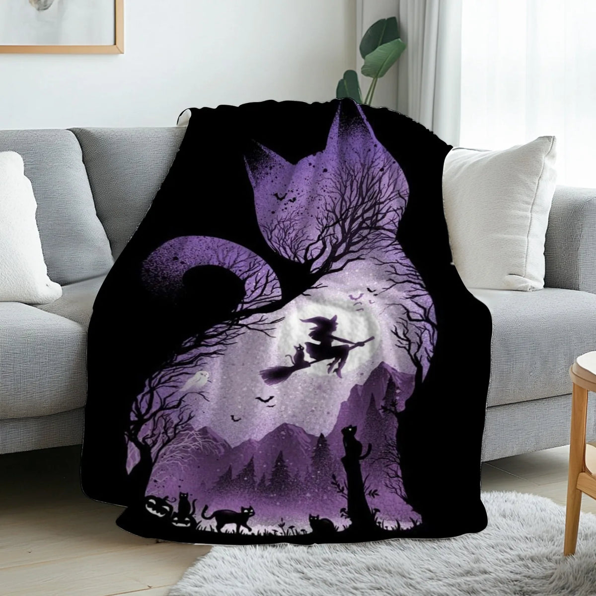1pc Witch Cat Silhouette Flannel Blanket (Machine Washable)