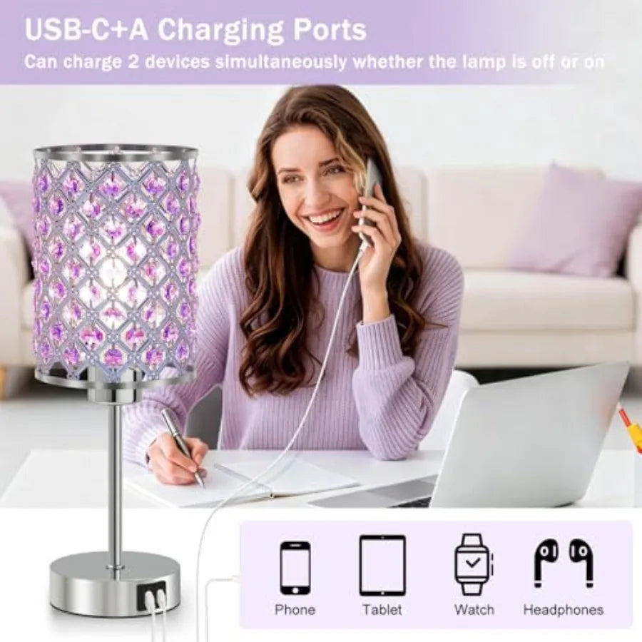 Purple Crystal Table Lamp with USB C+A Ports Dimmable Touch Control