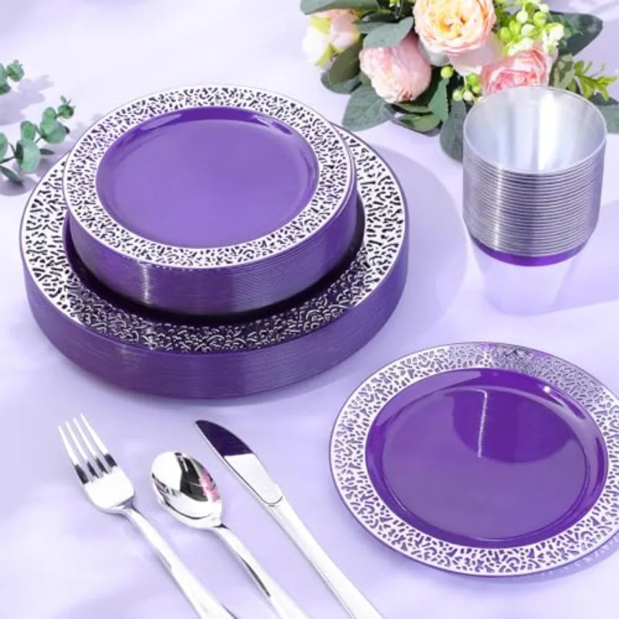 150 Pcs Plastic Dinnerware Set with 10.2'' Dinner Plates 7.5'' Salad Plates 9 oz Rimmed Cups Knives Forks and Spoons for 25 Guests