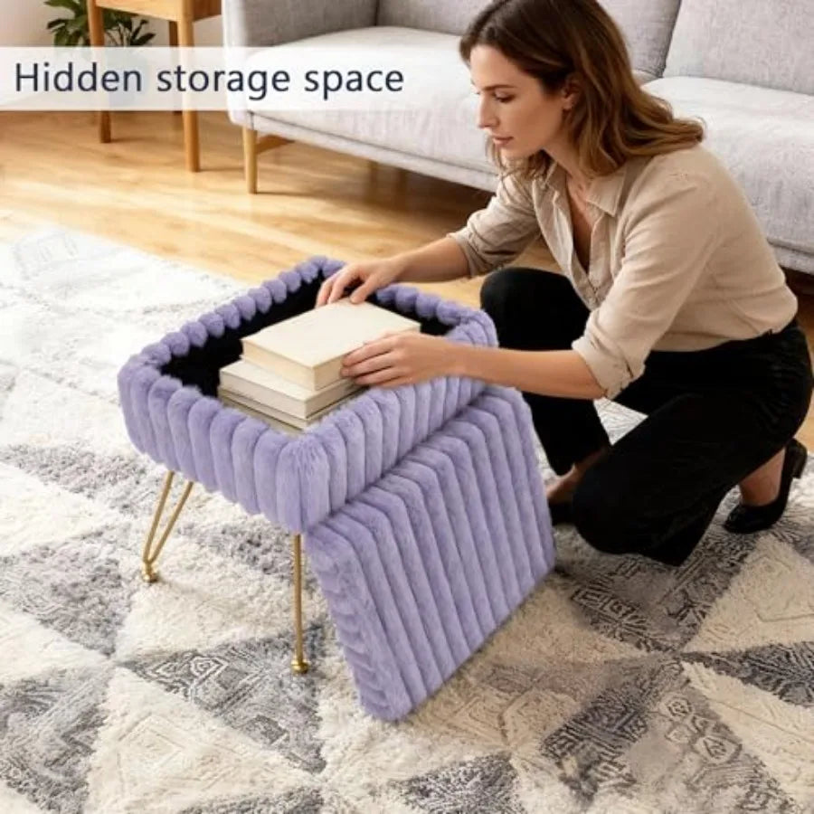 Vanity Stool Chair with Storage Faux Fur Soft Padded Ottoman