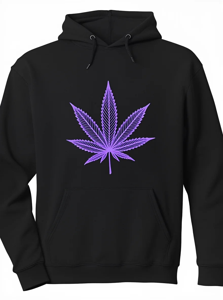 Purple Leaf Men's Black Hoodie, Front Pocket, Digital Print, Regular Fit