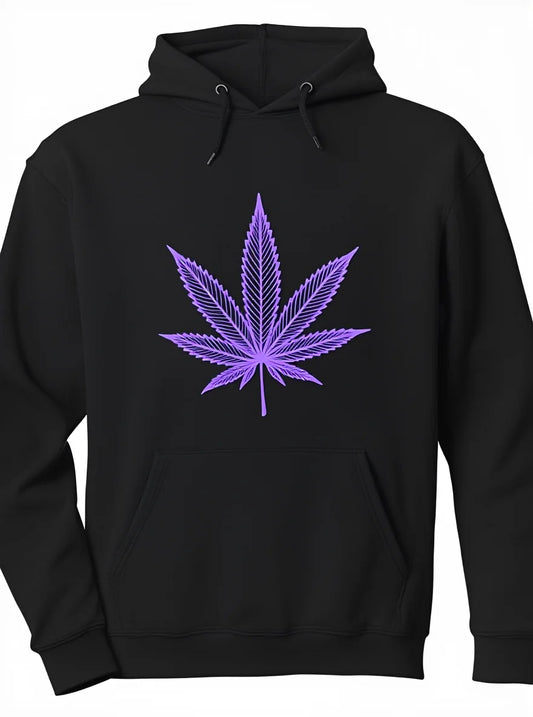 Purple Leaf Men's Black Hoodie, Front Pocket, Digital Print, Regular Fit