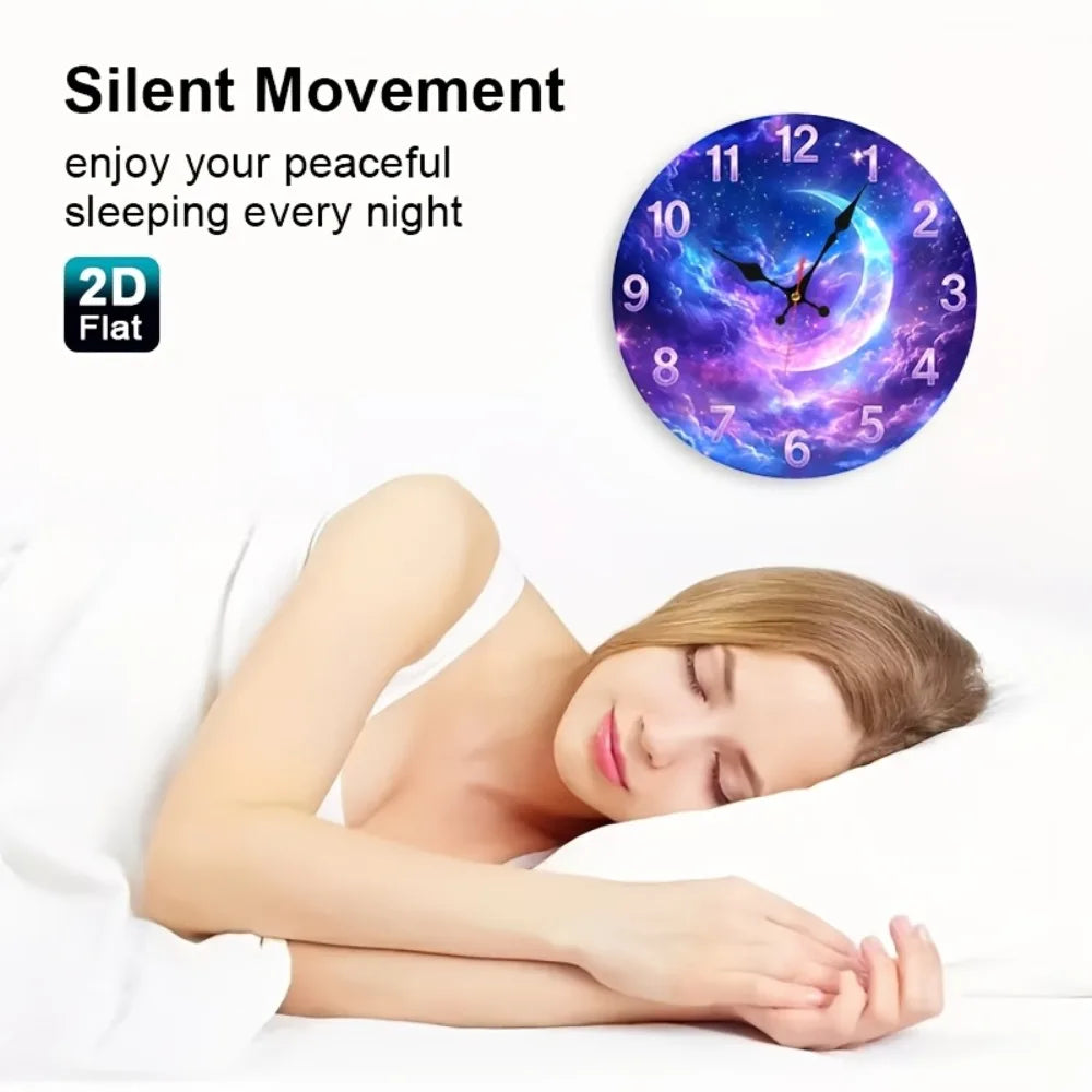 1pc Purple Pink Gradient Nebula & Crescent Moon Wall Clock
