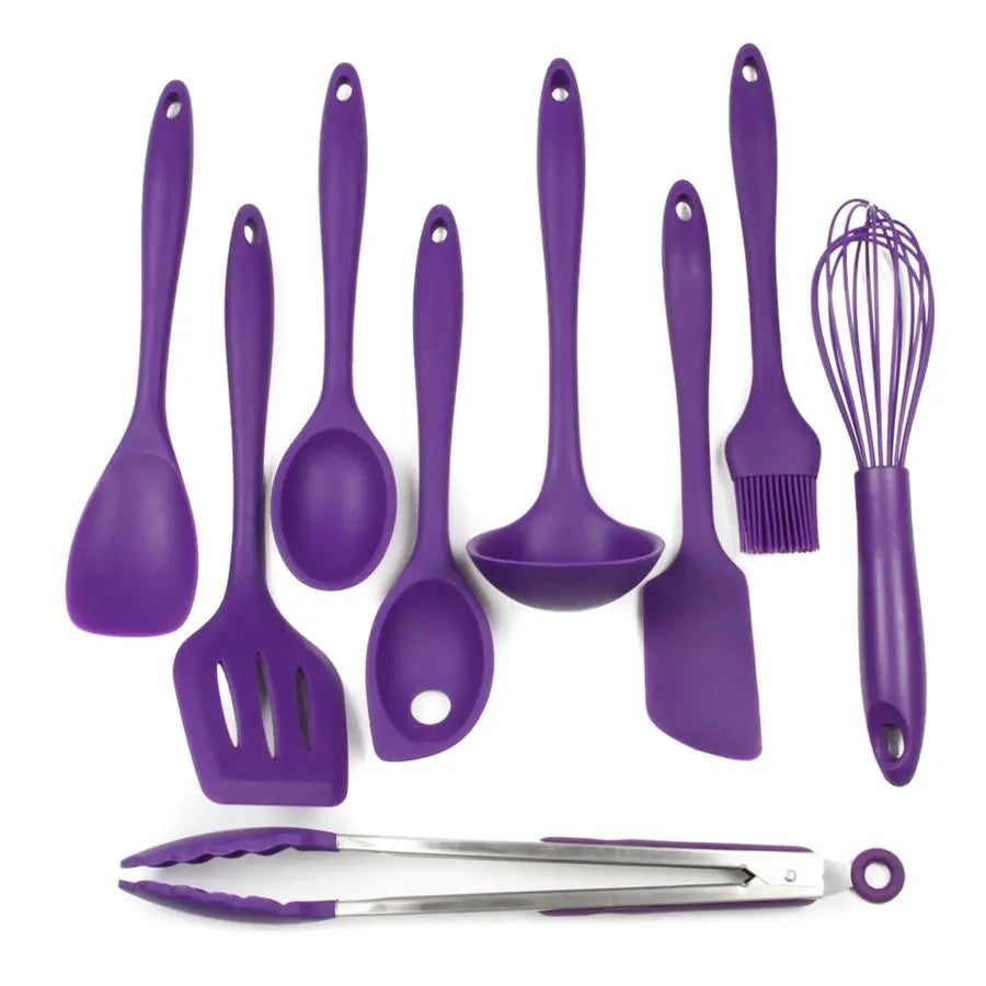 Premium Silicone Kitchen Tool and Utensil Set, 9 Piece, Purple
