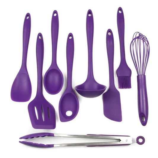 Premium Silicone Kitchen Tool and Utensil Set, 9 Piece, Purple