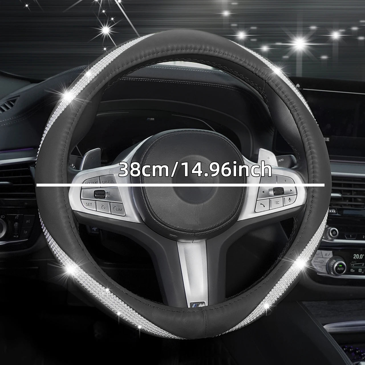 Sparkling Rhinestone & PU Leather Steering Wheel Cover - Inner Ring Design, Car Accessory for Global Sale