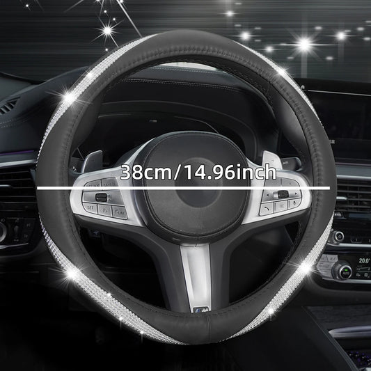 Sparkling Rhinestone & PU Leather Steering Wheel Cover - Inner Ring Design, Car Accessory for Global Sale