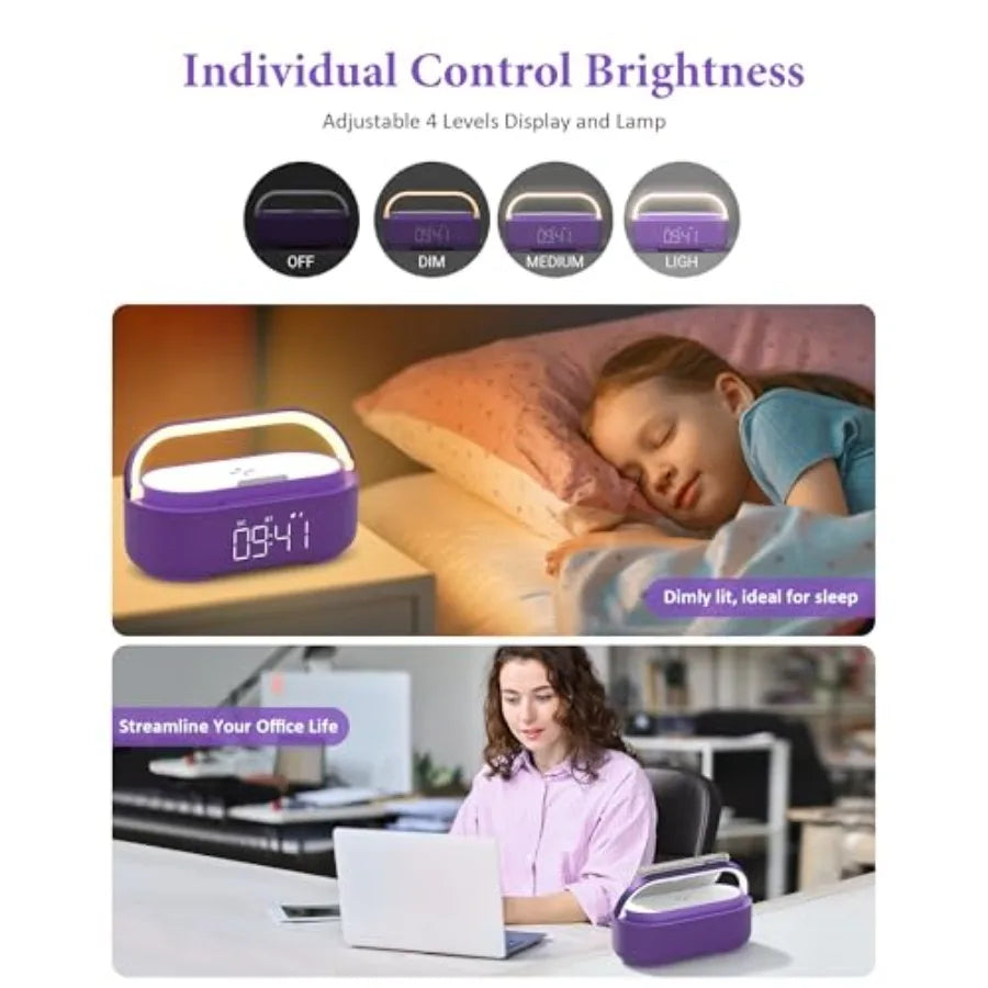 Bluetooth Speaker Alarm Clock with Wireless Charger FM Radio Adjustable LED Night Light