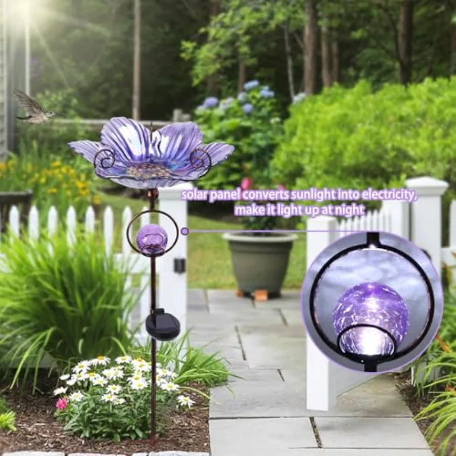 Glass Bird Bath with Solar Crackle Glass Globe Lights Decorations and Metal Stake