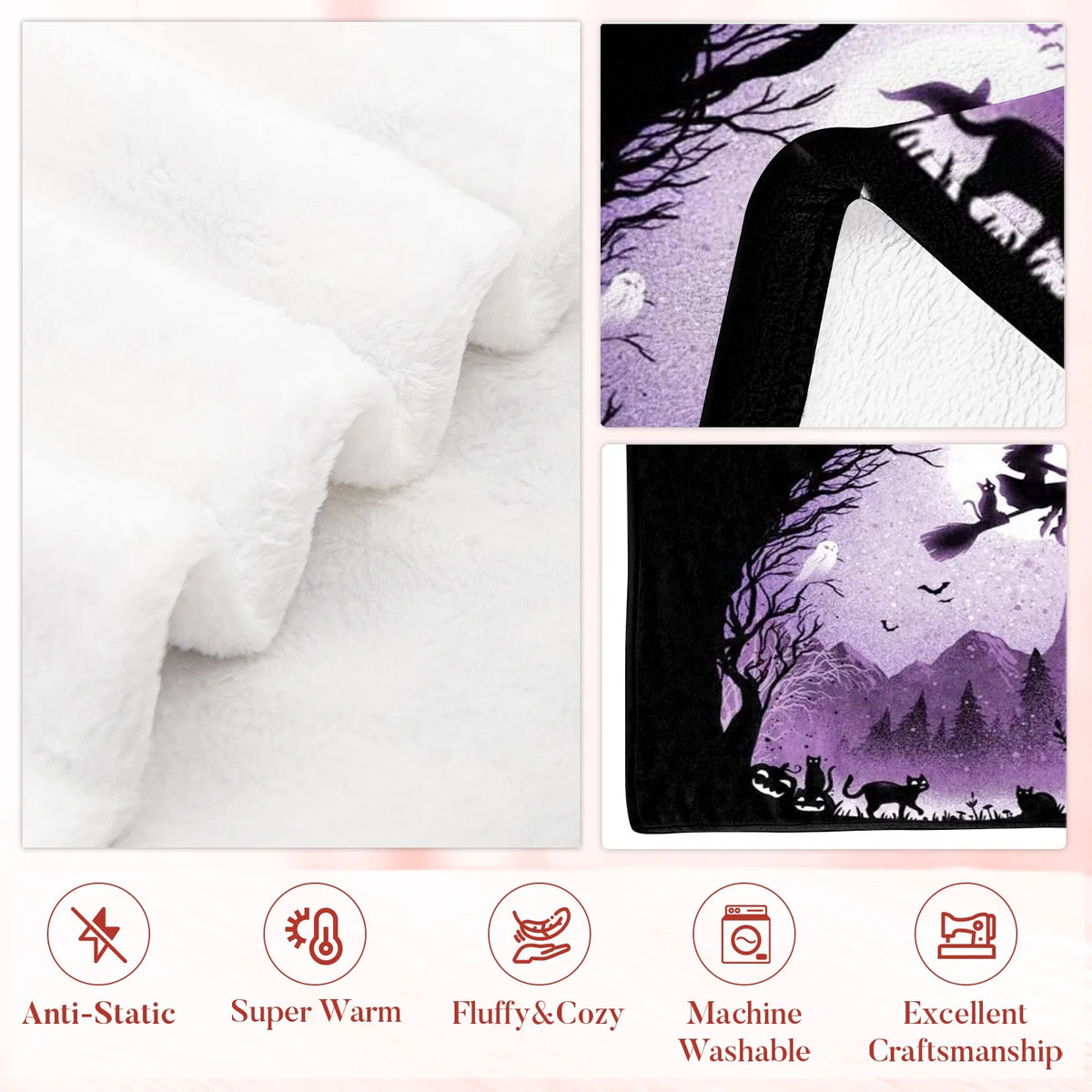 1pc Witch Cat Silhouette Flannel Blanket (Machine Washable)