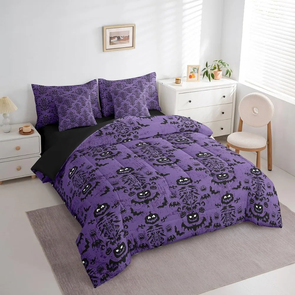 Purple Graffiti Gothic Style 7-Piece Bedding Set Including Comforter, Sheets, and Pillowcases, King