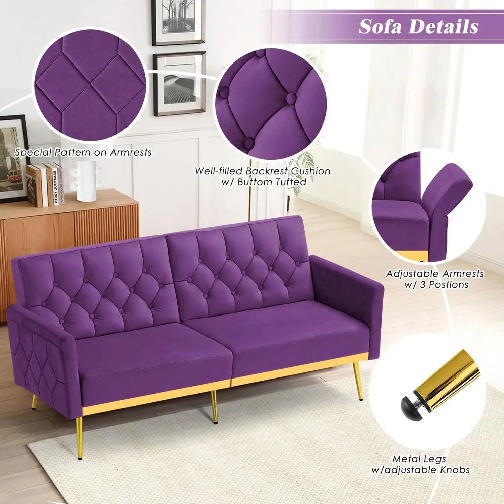 Sofa Bed w Adjustable Armrests and Backrests, Tufted Futon Sofa for Bedroom, Living Room, Apartment