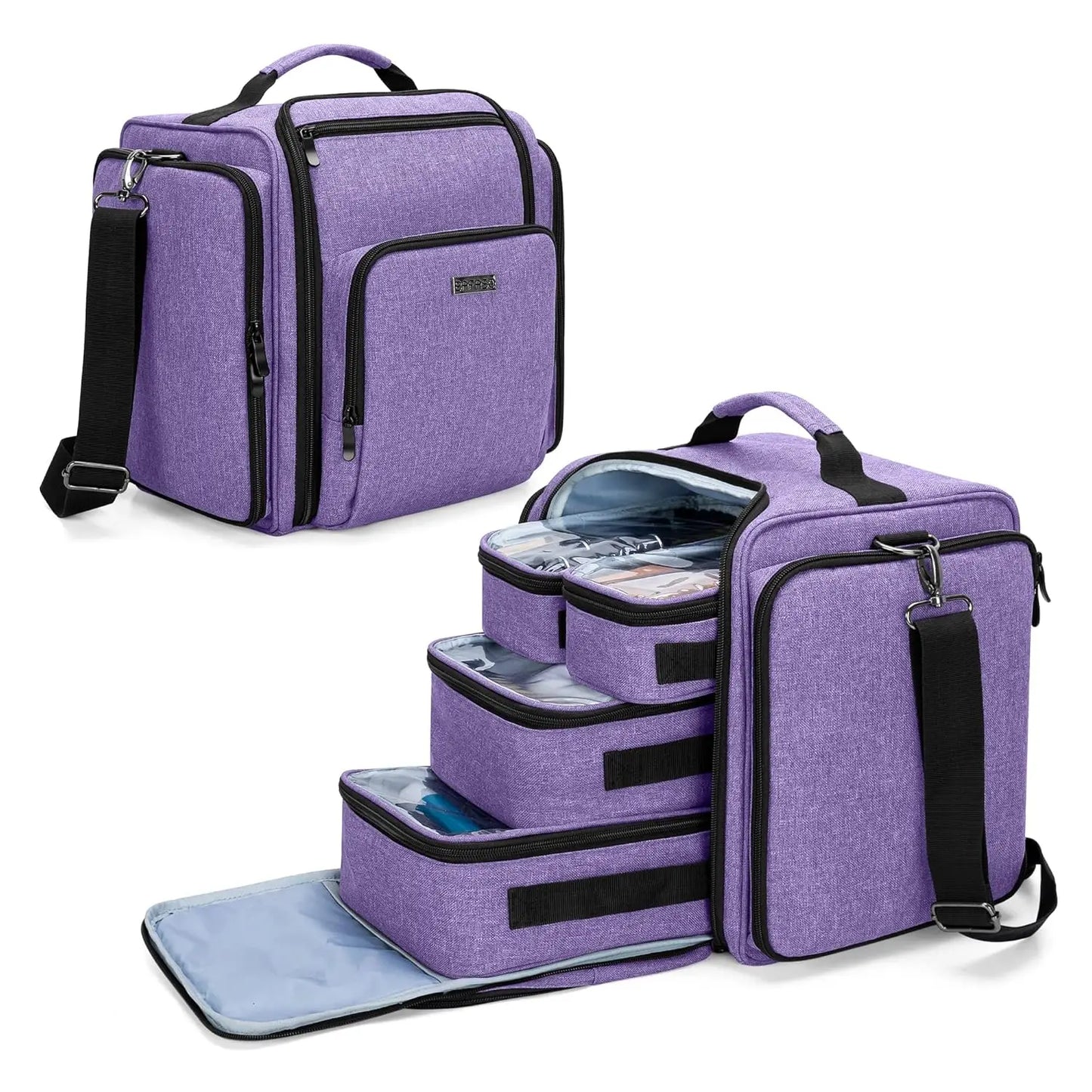 Multifunctional Travel Makeup Bag with 4 Removable Pouches, Purple Cosmetic Organizer for Easy Storage