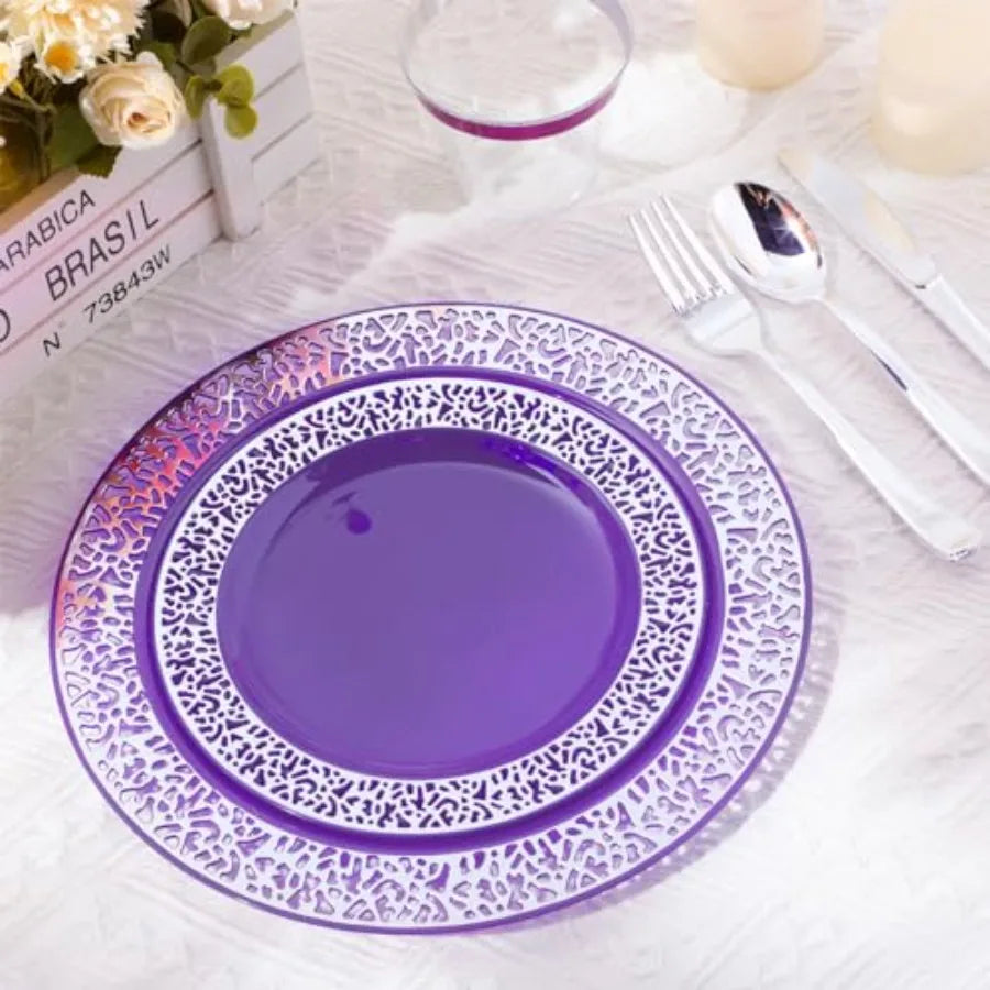 150 Pcs Plastic Dinnerware Set with 10.2'' Dinner Plates 7.5'' Salad Plates 9 oz Rimmed Cups Knives Forks and Spoons for 25 Guests