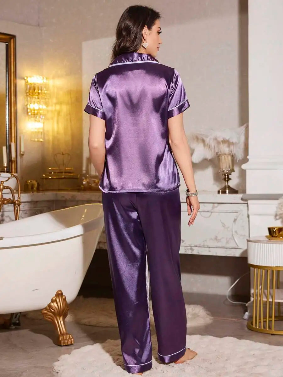 Purple Satin Short Sleeve Pajama Set with Contrast Trim and Lapel Collar