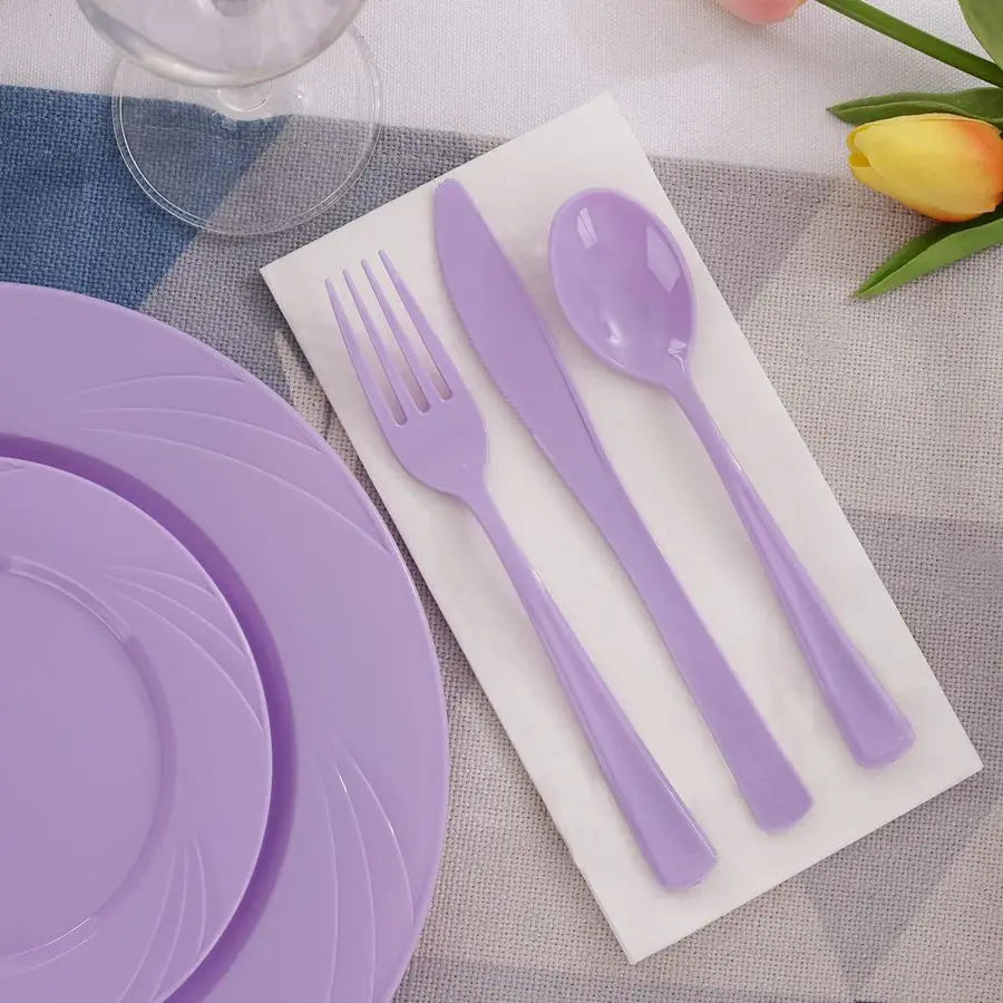 125PCS Purple Plastic Plates Lavender Plate Purple Plastic Silverware Include 50 Dinner & Dessert Plates + 25 each utensils