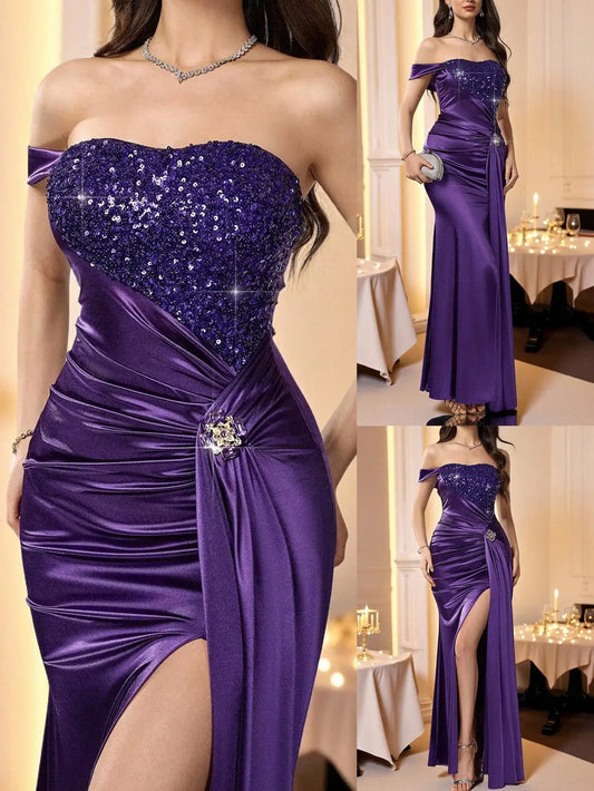 Elegant Purple Sequin Off-Shoulder High Slit Evening Gown with Ruched Detail