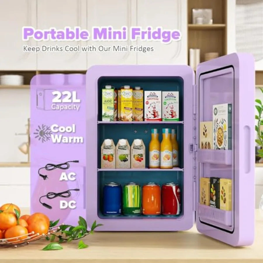22L 30Cans Mini Fridge for Bedroom 12V DC Portable Cooler Warmer with Glass Front