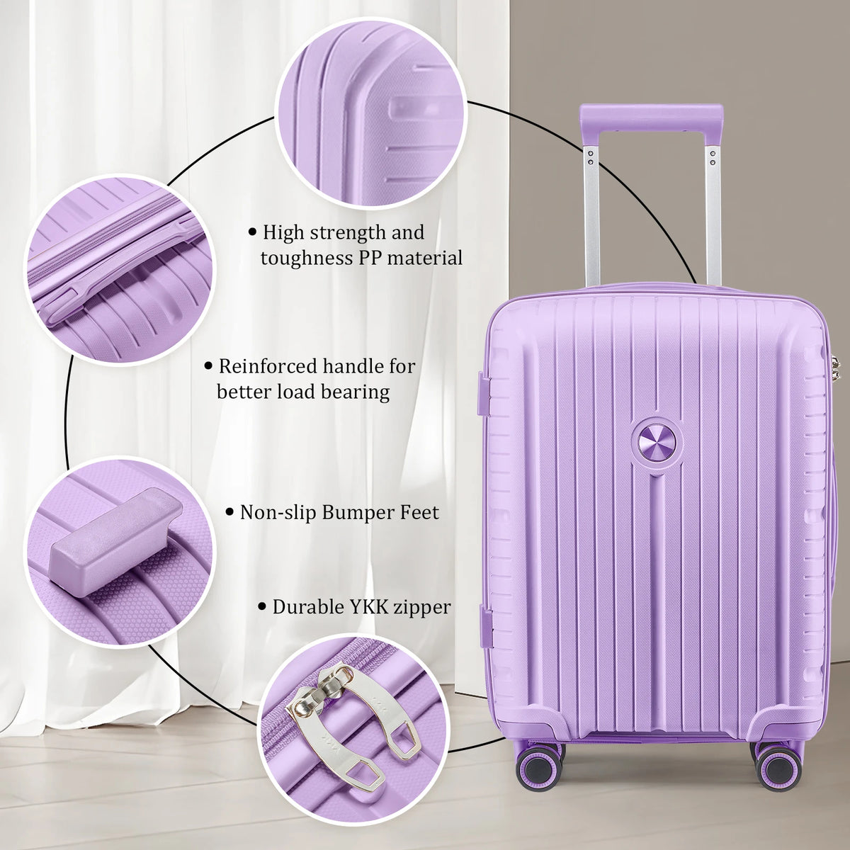 3-Piece Travel Luggage Set, PP Hard Shell Lightweight Durable Suitcase with TSA Lock and Spinner Wheels