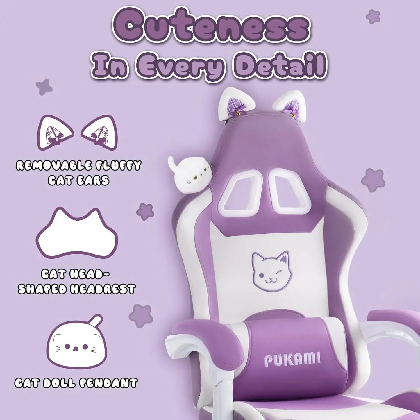 Gaming Chair Cute with Cat Ears,Ergonomic Computer Chair for Girl with Footrest and Headrest,Comfortable Reclining