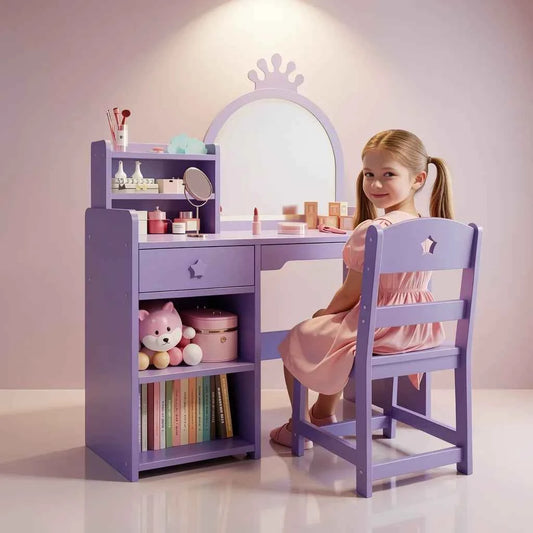 Purple Princess Kids Vanity Set Lighted Mirror Stool Storage Cabinet Shelves - Purpleobsessions