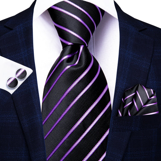 Purple Stripes Men Tie Handkerchief Cufflinks Set Necktie - Purpleobsessions