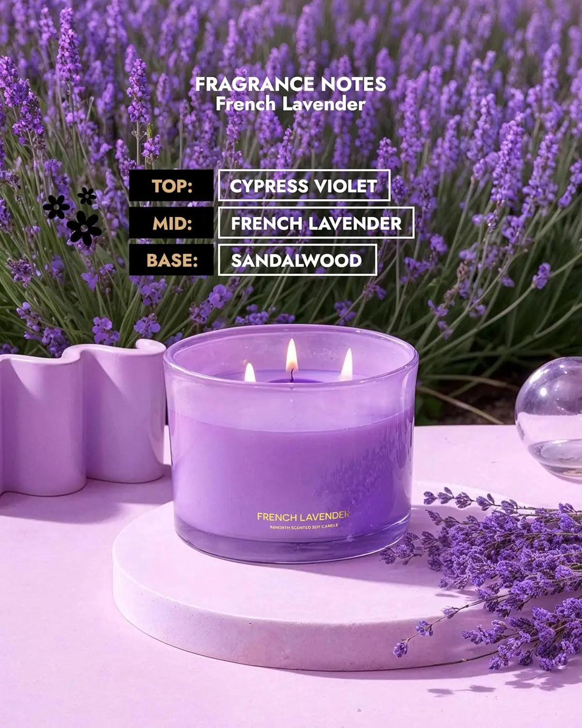 Luxury Lavender Soy Candle with 3 Wicks, 50-Hour Burn Time, Natural Wax for Relaxation and Home Decor