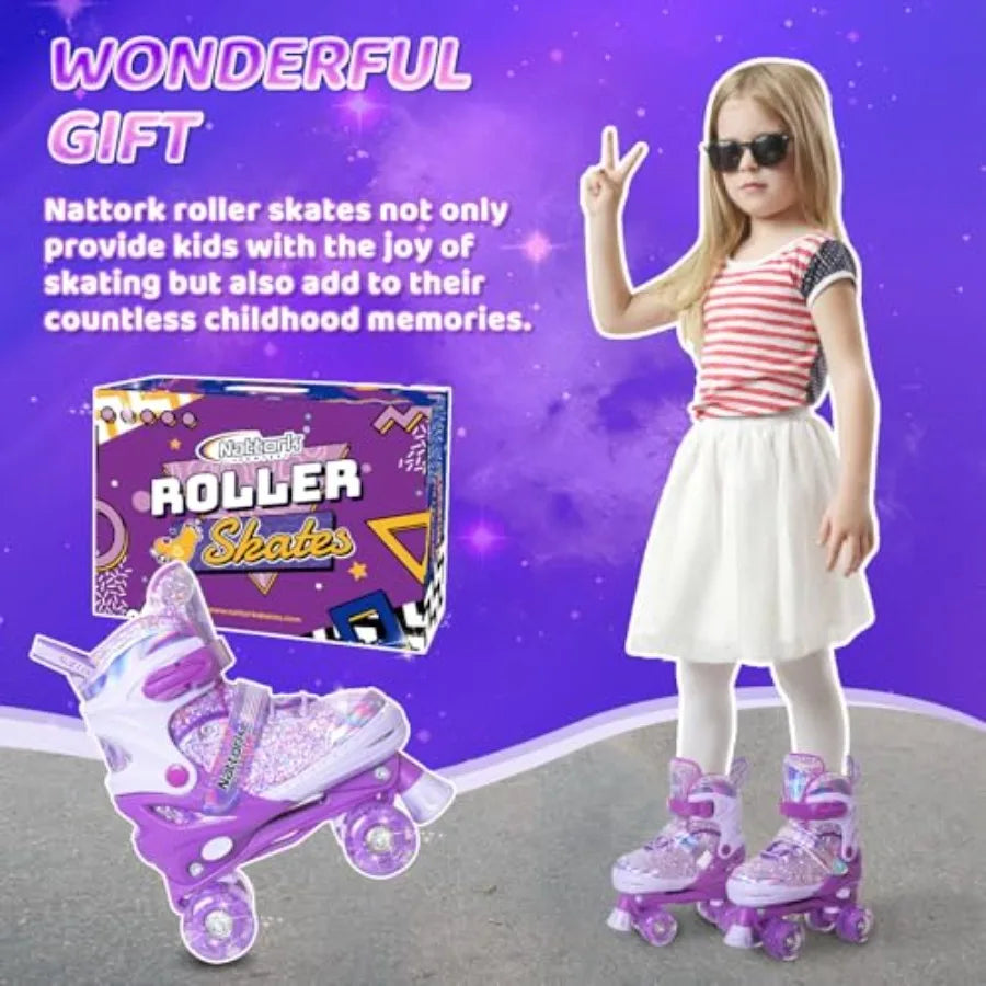 Roller Skates for Girls,4 Sizes Adjustable  with Light up Wheels and Safety Protection
