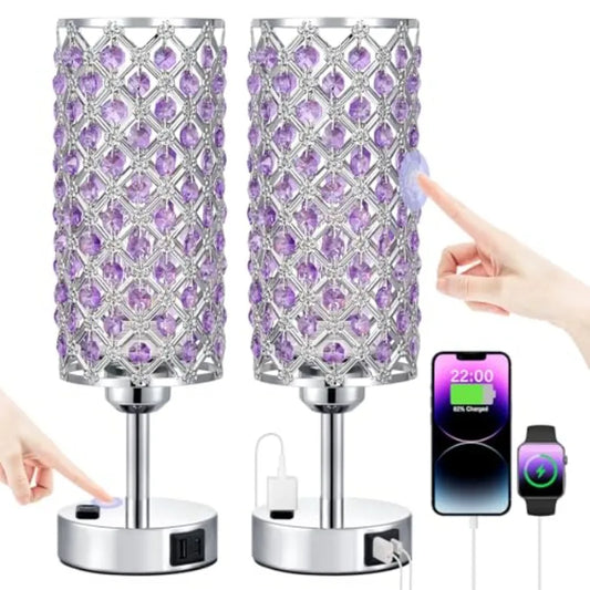 Set of 2 Crystal Lamps, 3 Way Dimmable Touch Lamp with Crystal Shade,