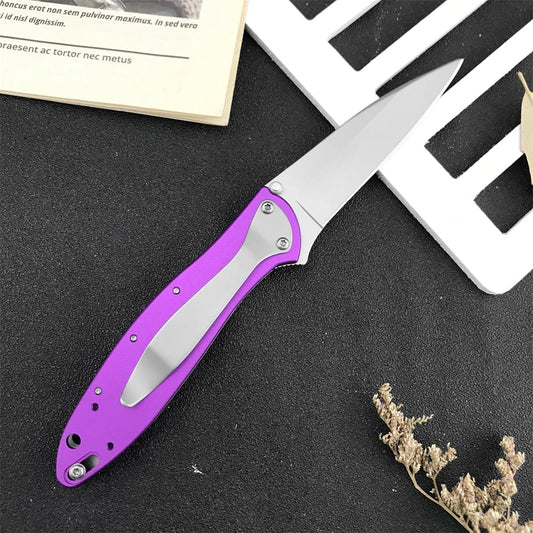 Outdoor Folding Knife 2.83 Inch Steel Blade Purple Aluminum Handle Reversible Pocket Clip  Camping Knife