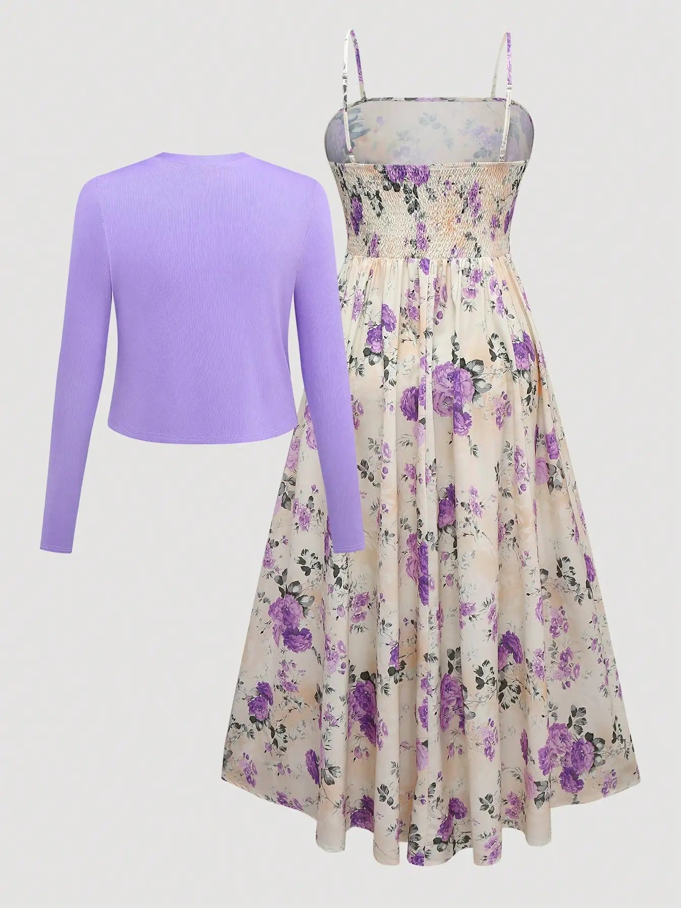 Women Floral Print Camisole Dress And Long Sleeve Cropped Jacket Set