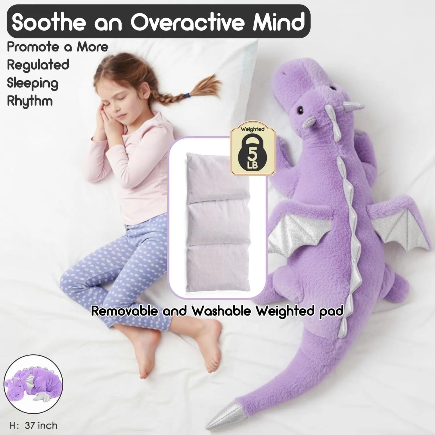 Giant Weighted Winged Dragon Plush Toy - 35.4" 5lbs Washable Purple