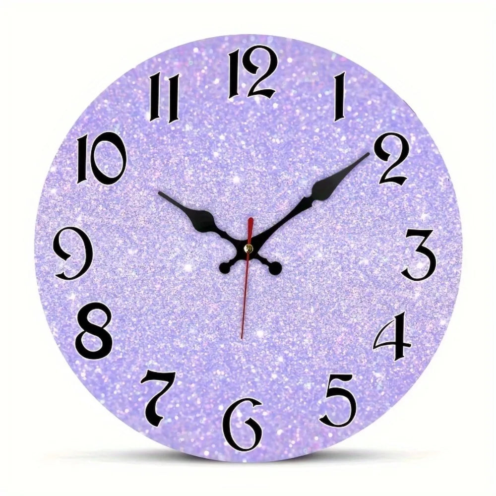 Enchanting Purple Glitter Silent Wall Clock - Wooden Battery Operated